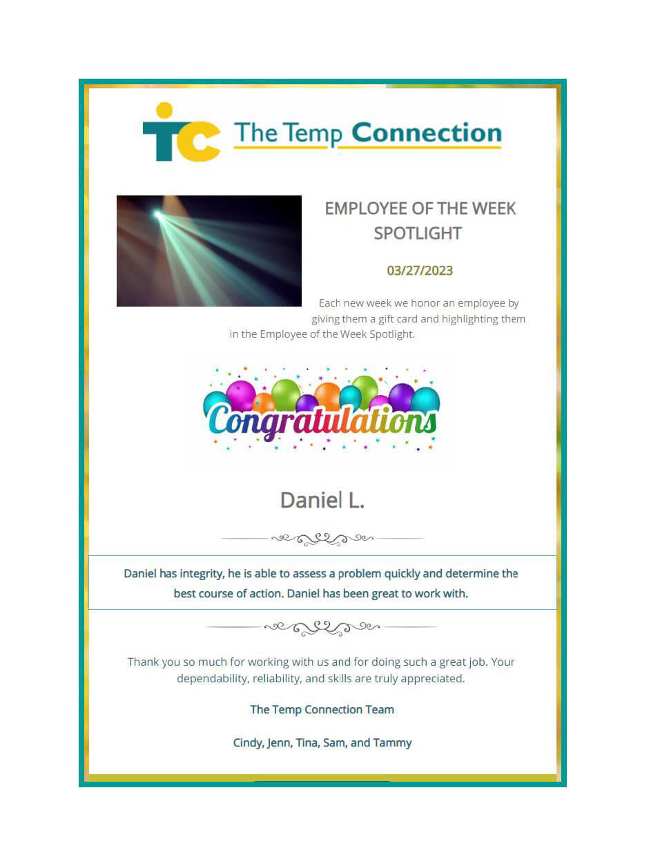 Employee of the Week! The Temp Connection